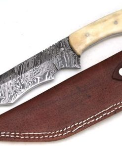 Wild Turkey Handmade Damascus Collection Full Tang Tanto Fixed Blade Hunting Knife w/Leather Sheath